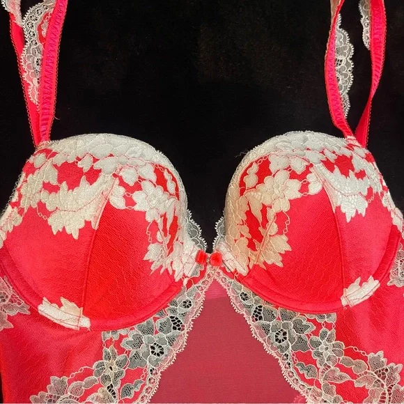 36C VS Victoria’s Secret Dream Angels Coral Cream Floral Seduction Garter slip